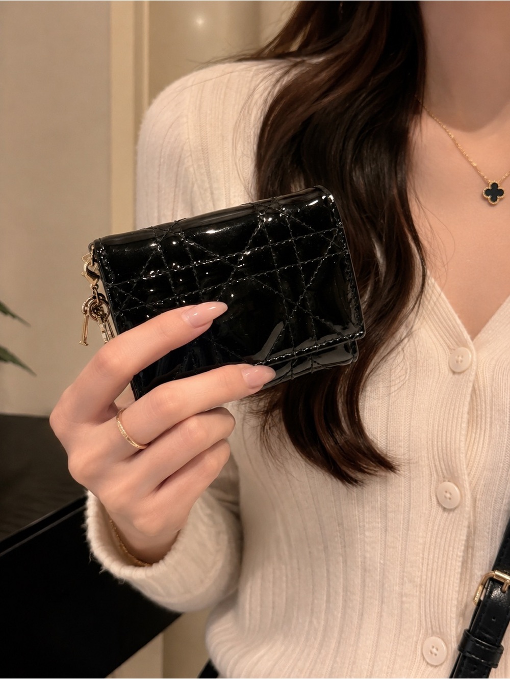 Authentic Christian Dior mini lady Dior  cannage Patent Wallet w/ certificate